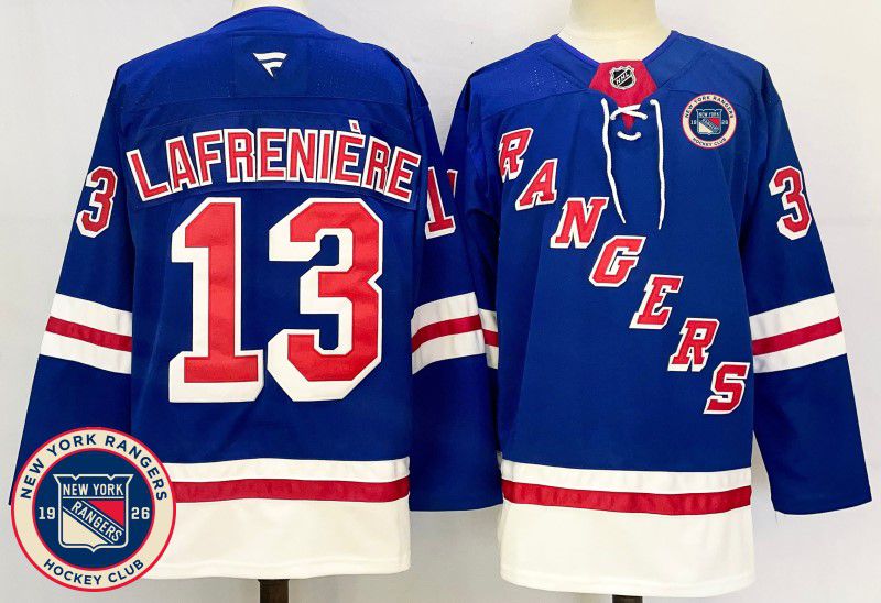 Men New York Rangers 13 Lafreniere Blue Fanatics 2025 NHL Jersey style 3